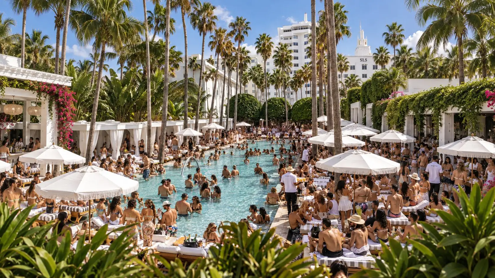 Packed SLS pool party in Miami with palm trees, white cabanas and a crowded pool
