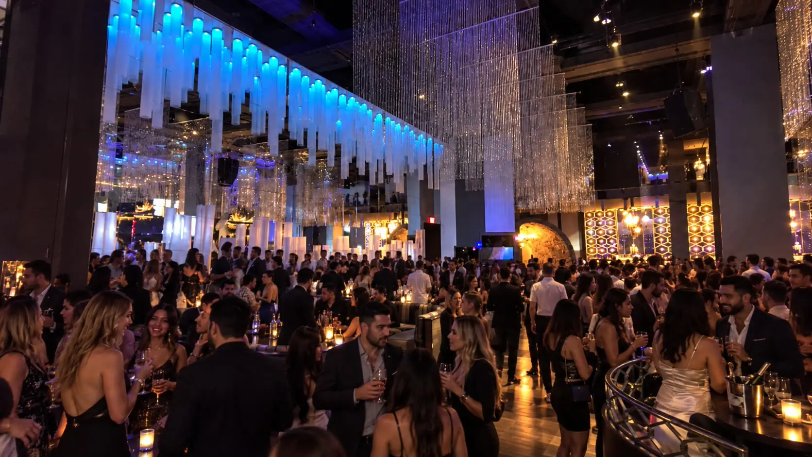 Guests in cocktail attire packed into a luxury nightclub beneath cascading crystal chandeliers and glowing blue ceiling lights