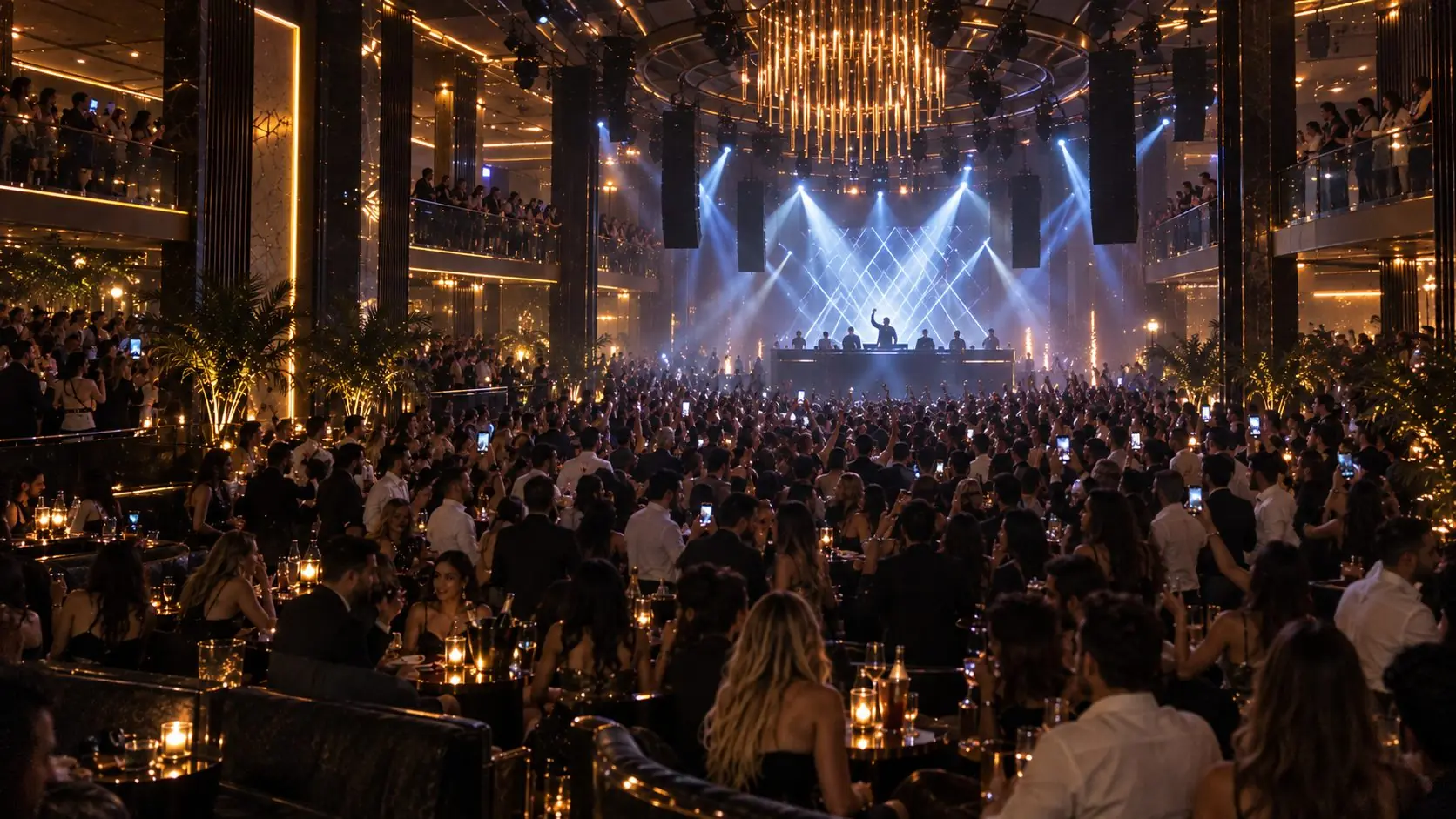 Guests packed into a multi-level luxury nightclub beneath a glowing gold chandelier, with blue stage lights behind the DJ