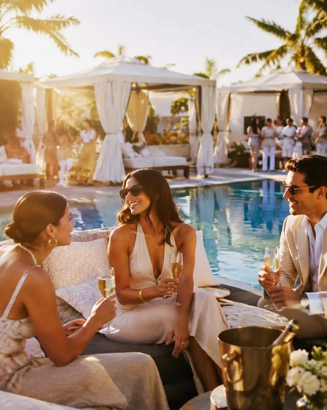 Guests sharing champagne beside a hotel pool