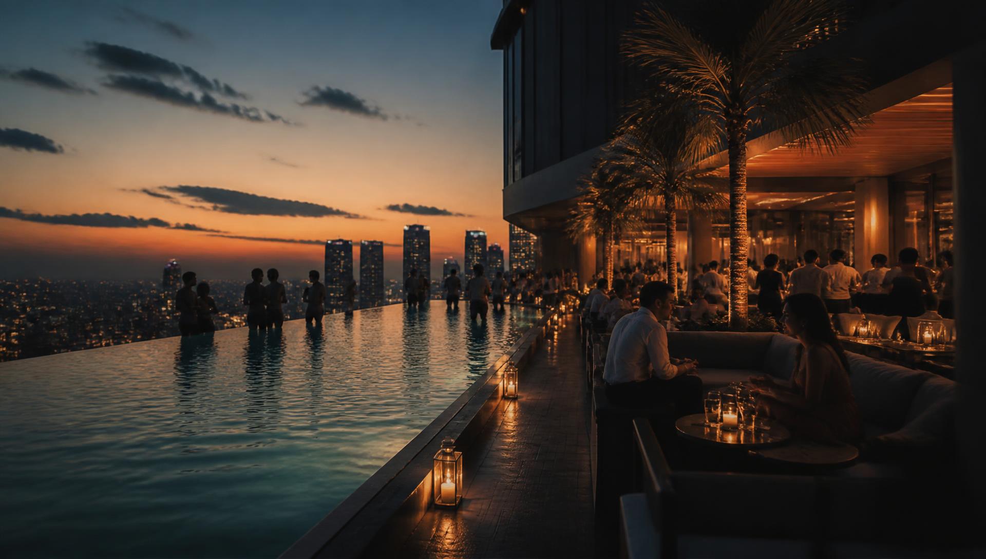 Rooftop infinity pool at a luxury hotel overlooking a city skyline at dusk